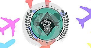 Animation of happy earth day text and globe logo over colorful airplanes on white background