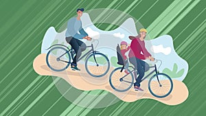 Animation of happy family cycling over lines on green background