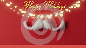 Animation of happy holidays christmas text over lights and mustache on red background
