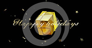 Animation of happy holidays text with golden gift box and stars rotating on black background