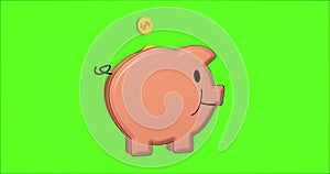 Animation of a happy piggy bank being filled with golden coins.