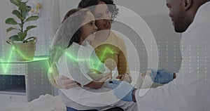 Animation of heart rate monitor over african american male doctor talking to girl patient and mother