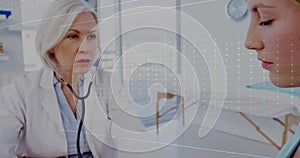 Animation of heart rate monitor over caucasian female doctor examining female patient at hospital