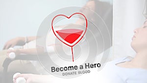 Animation of heart shape blood bag and become a hero text over caucasian female patients