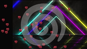 Animation of hearts over neon traingles on black background