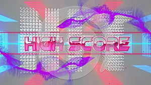 Animation of high score and nft text over purple digital wave and neon tunnel in seamless pattern