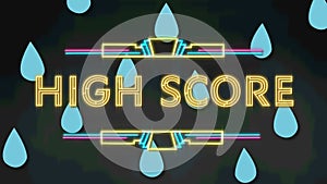 Animation of high score text over water drops on blue background