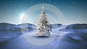 Animation of hohoho over winter night landscape with christmas tree