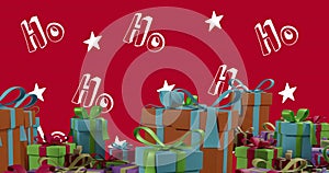 Animation of hohoho text over christmas decorations on red background