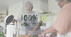 Animation of home grown text over african american senior couple preparing food in kitchen