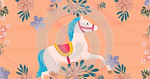 Animation of horse and flowers icons over pink background