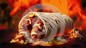 Animation hot shawarma on fire background.