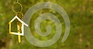 Animation of house model and key hanging over defocused grassy field