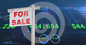 Animation of house for sale sign over financial data processing on blue background