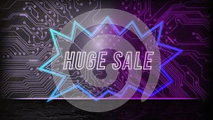 Animation of huge sale and integrated circuit on black background