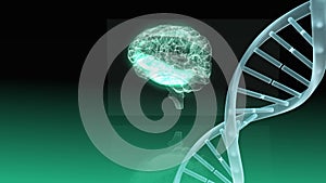 Animation of human brain and dna structure spinning against green gradient background