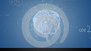 Animation of human brain spinning over mathematical equations on blue background