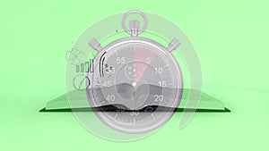 Animation of icons with book and stopwatch on green background