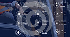 Animation of icons and data processing over caucasian man in forklift working in warehouse