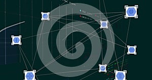Animation of icons in white squares connected with lines over graphs and trading board