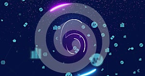 Animation of illuminated countdown from 10 to 2 in circle over icons against abstract background