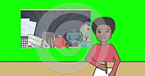 Animation of illustration of african american schoolgirl over education icons