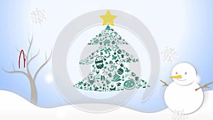 Animation Illustration of Christmas tree ornament icon and white snowing winter landscape with snowman snowflakes falling and hand