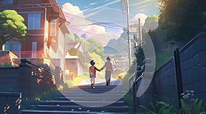 An animation illustration of couple walking down a street with a boy holding hands