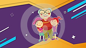 Animation of illustration of happy grandad embracing grandchildren, with colourful shapes on purple