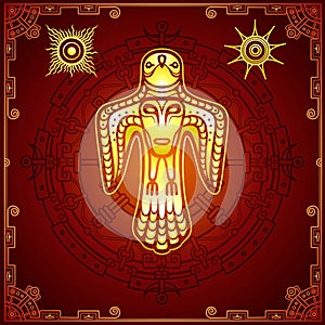 Animation image of ancient pagan deity.  Bird with a human face on a breast.
