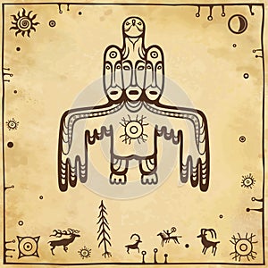 Animation image of ancient pagan deity.  God, idol, totem. Bird with three human faces.