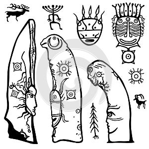 Animation image of ancient pagan deity. Stone steles. Drawing on a stone a menhir.