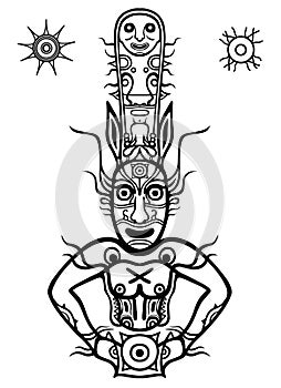 Animation image of ancient pagan god. The drawing on a stone a menhir. Solar symbols.