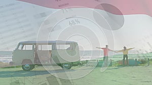 Animation of infographic interface, hungarian flag, diverse couple with van enjoying at beach