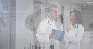 Animation of infographic interface over diverse doctors discussing patients reports in hospital