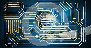 Animation of integrated circuit over globe and arm of robot