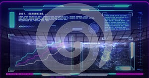 Animation of interface processing data over floodlit sports stadium