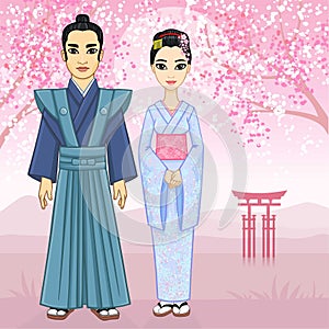 Animation Japanese family in ancient clothes.