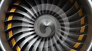 Animation jet engine, close-up view jet engine blades. Front view of a jet engine and blades. Animation of rotating