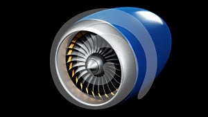 Animation jet engine, close-up view jet engine blades. Jet engine isolated on black background. Animation of rotating