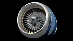 Animation jet engine, close-up view jet engine blades. Jet engine isolated on black background. Animation of rotating