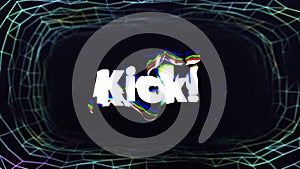 Animation of kick text in white, with colorful trail, encircled with network on black background