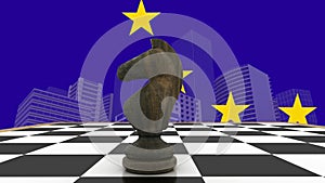 Animation of knight on chess board, european union flag and buildings against blue background