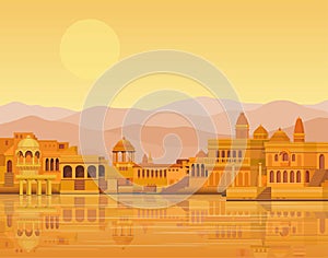 Animation landscape: the ancient Indian city: temples, palaces, dwellings, river bank.