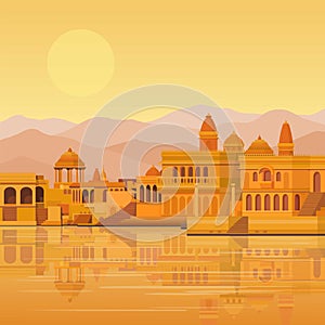 Animation landscape: the ancient Indian city: temples, palaces, dwellings, river bank.