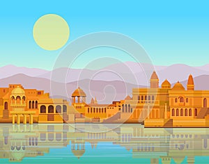 Animation landscape: the ancient Indian city: temples, palaces, dwellings, river bank.