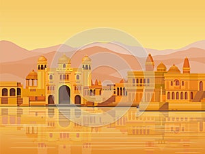 Animation landscape: the ancient Indian city: temples, palaces, dwellings, river bank.