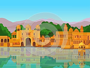 Animation landscape: the ancient Indian city: temples, palaces, dwellings, river bank.