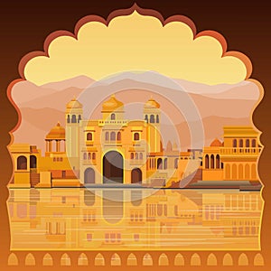 Animation landscape: the ancient Indian city: temples, palaces, dwellings, river bank.