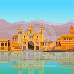 Animation landscape: the ancient Indian palace on the river bank.